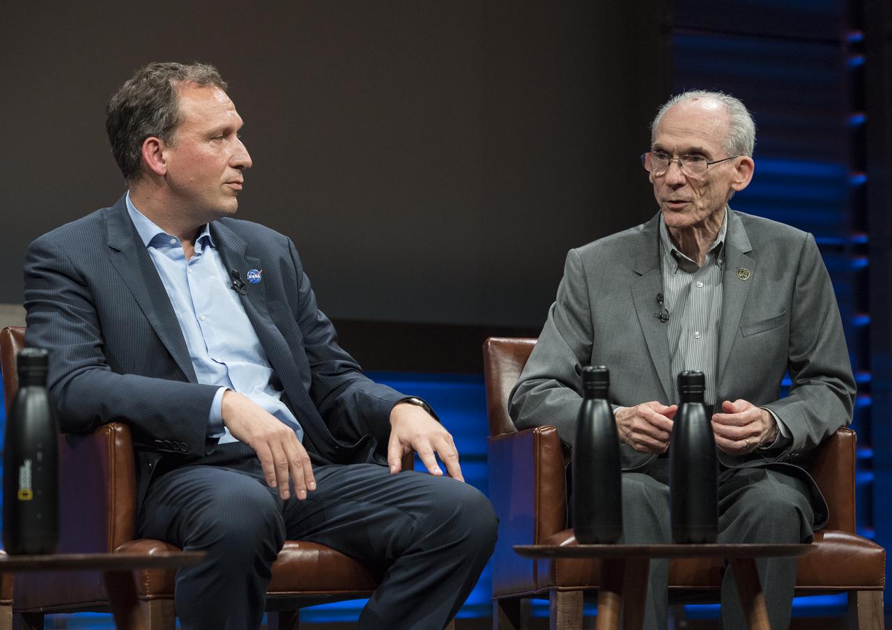Ed Stone, Voyager project scientist, right, speaks on a panel with Thomas Zurbuchen, NASA associate administrator, Science Mission Directorate, left, at an event to celebrate the 40th Anniversary of the launch of the Voyager 1 and 2 missions, Tuesday, September 5, 2017 at National Geographic Society Headquarters in Washington. Voyager 1 was launched September 5, 1977, with a mission to study Jupiter and Saturn, but now the twin Voyager spacecrafts are on a journey into interstellar space to search for the heliopause, a region never reached by any other spacecraft. Photo Credit: (NASA/Aubrey Gemignani)
