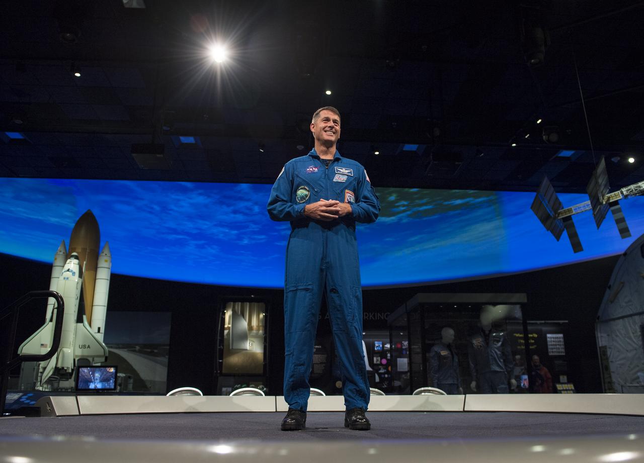 NASA astronaut Shane Kimbrough speaks about his time onboard the International Space Station (ISS) during Expeditions 49/50, Tuesday, September 12, 2017 at Smithsonian's National Air and Space Museum in Washington. During Expedition 50, Kimbrough completed four spacewalks for a total of 39 hours outside the ISS, and concluded his 173-day mission when he landed in a remote area near the town of Zhezkazgan, Kazakhstan in April 2017. Photo Credit: (NASA/Aubrey Gemignani)