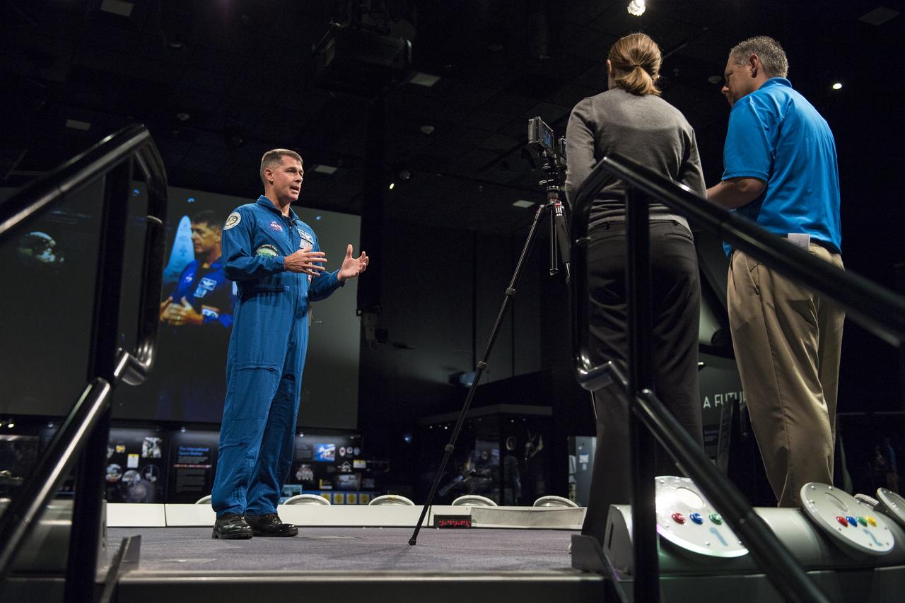 NASA astronaut Shane Kimbrough participates in a live broadcast on Periscope about his time onboard the International Space Station (ISS) during Expeditions 49/50, Tuesday, September 12, 2017 at Smithsonian's National Air and Space Museum in Washington. During Expedition 50, Kimbrough completed four spacewalks for a total of 39 hours outside the ISS, and concluded his 173-day mission when he landed in a remote area near the town of Zhezkazgan, Kazakhstan in April 2017. Photo Credit: (NASA/Aubrey Gemignani)