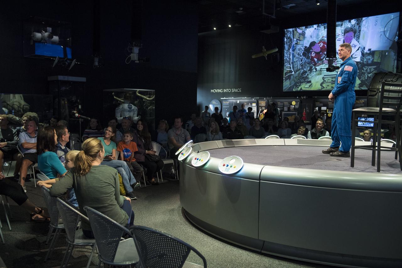 NASA astronaut Shane Kimbrough speaks about his time onboard the International Space Station (ISS) during Expeditions 49/50, Tuesday, September 12, 2017 at Smithsonian's National Air and Space Museum in Washington. During Expedition 50, Kimbrough completed four spacewalks for a total of 39 hours outside the ISS, and concluded his 173-day mission when he landed in a remote area near the town of Zhezkazgan, Kazakhstan in April 2017. Photo Credit: (NASA/Aubrey Gemignani)