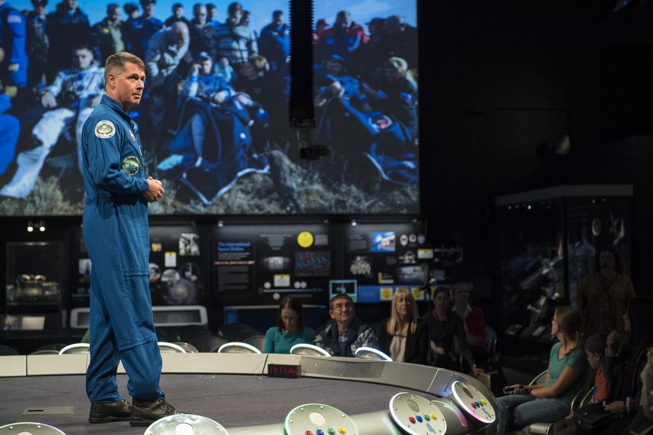NASA astronaut Shane Kimbrough speaks about his time onboard the International Space Station (ISS) during Expeditions 49/50, Tuesday, September 12, 2017 at Smithsonian's National Air and Space Museum in Washington. During Expedition 50, Kimbrough completed four spacewalks for a total of 39 hours outside the ISS, and concluded his 173-day mission when he landed in a remote area near the town of Zhezkazgan, Kazakhstan in April 2017. Photo Credit: (NASA/Aubrey Gemignani)