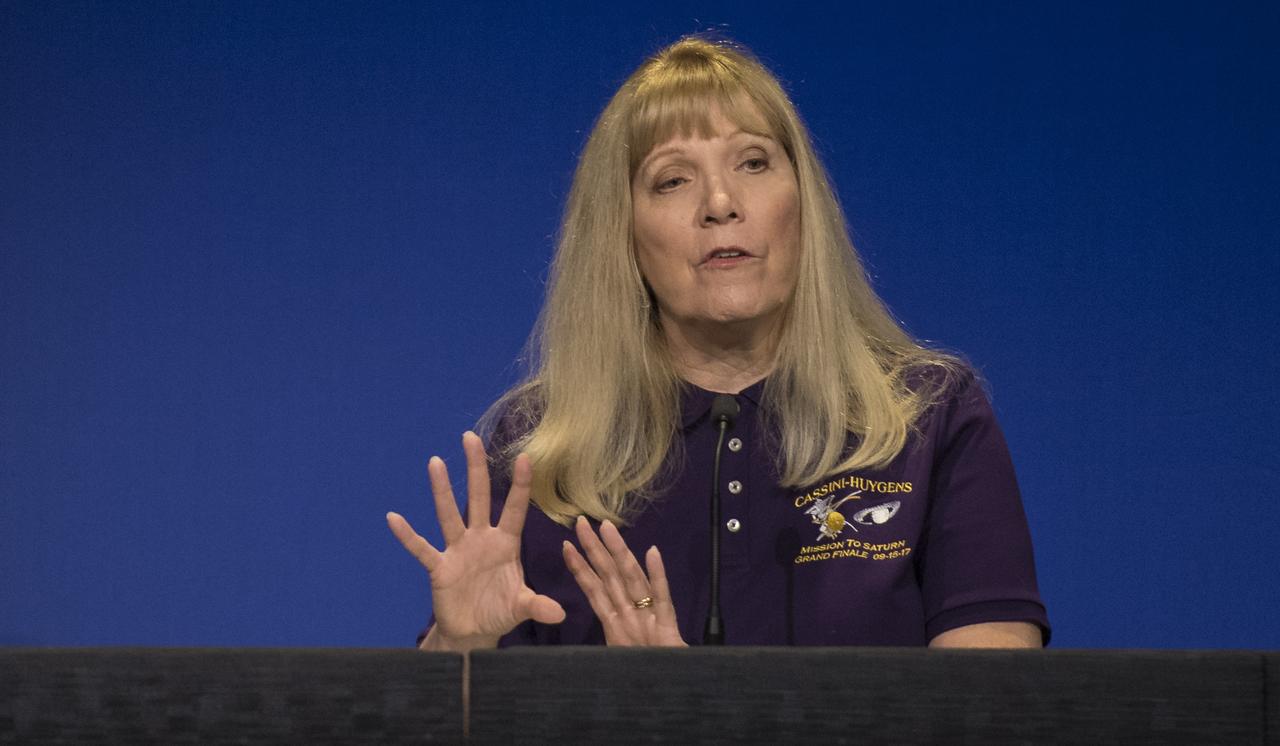 Cassini project scientist at JPL, Linda Spilker speaks during a press conference previewing Cassini's End of Mission, Wednesday, Sept. 13, 2017 at NASA's Jet Propulsion Laboratory in Pasadena, California. Since its arrival in 2004, the Cassini-Huygens mission has been a discovery machine, revolutionizing our knowledge of the Saturn system and captivating us with data and images never before obtained with such detail and clarity. On Sept. 15, 2017, operators will deliberately plunge the spacecraft into Saturn, as Cassini gathered science until the end. The “plunge” ensures Saturn’s moons will remain pristine for future exploration. During Cassini’s final days, mission team members from all around the world gathered at NASA’s Jet Propulsion Laboratory, Pasadena, California, to celebrate the achievements of this historic mission. Photo Credit: (NASA/Joel Kowsky)