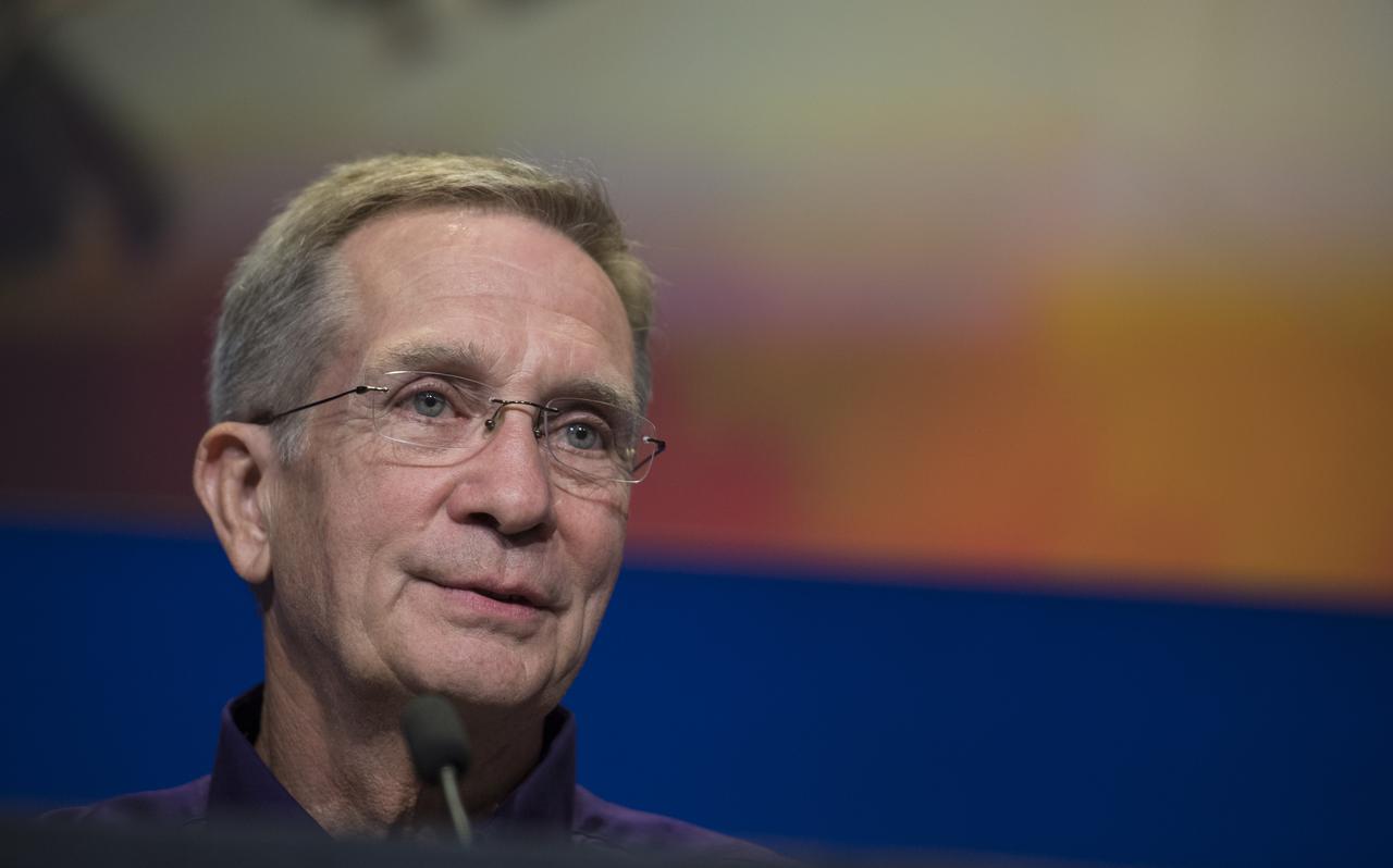 Cassini program manager at JPL, Earl Maize is seen during a press conference previewing Cassini's End of Mission, Wednesday, Sept. 13, 2017 at NASA's Jet Propulsion Laboratory in Pasadena, California. Since its arrival in 2004, the Cassini-Huygens mission has been a discovery machine, revolutionizing our knowledge of the Saturn system and captivating us with data and images never before obtained with such detail and clarity. On Sept. 15, 2017, operators will deliberately plunge the spacecraft into Saturn, as Cassini gathered science until the end. The “plunge” ensures Saturn’s moons will remain pristine for future exploration. During Cassini’s final days, mission team members from all around the world gathered at NASA’s Jet Propulsion Laboratory, Pasadena, California, to celebrate the achievements of this historic mission. Photo Credit: (NASA/Joel Kowsky)
