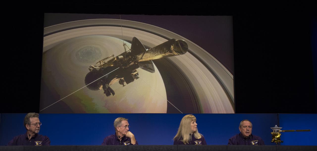 Principle investigator for the Neutral Mass Spectrometer (INMS) at the Southwest Research Institute, Hunter Waite, right, speaks during a press conference previewing Cassini's End of Mission as director of NASA's Planetary Science Division, Jim Green, left, Cassini program manager at JPL, Earl Maize, second from left, and Cassini project scientist at JPL, Linda Spilker, second from right, look on, Wednesday, Sept. 13, 2017 at NASA's Jet Propulsion Laboratory in Pasadena, California. Since its arrival in 2004, the Cassini-Huygens mission has been a discovery machine, revolutionizing our knowledge of the Saturn system and captivating us with data and images never before obtained with such detail and clarity. On Sept. 15, 2017, operators will deliberately plunge the spacecraft into Saturn, as Cassini gathered science until the end. The “plunge” ensures Saturn’s moons will remain pristine for future exploration. During Cassini’s final days, mission team members from all around the world gathered at NASA’s Jet Propulsion Laboratory, Pasadena, California, to celebrate the achievements of this historic mission. Photo Credit: (NASA/Joel Kowsky)