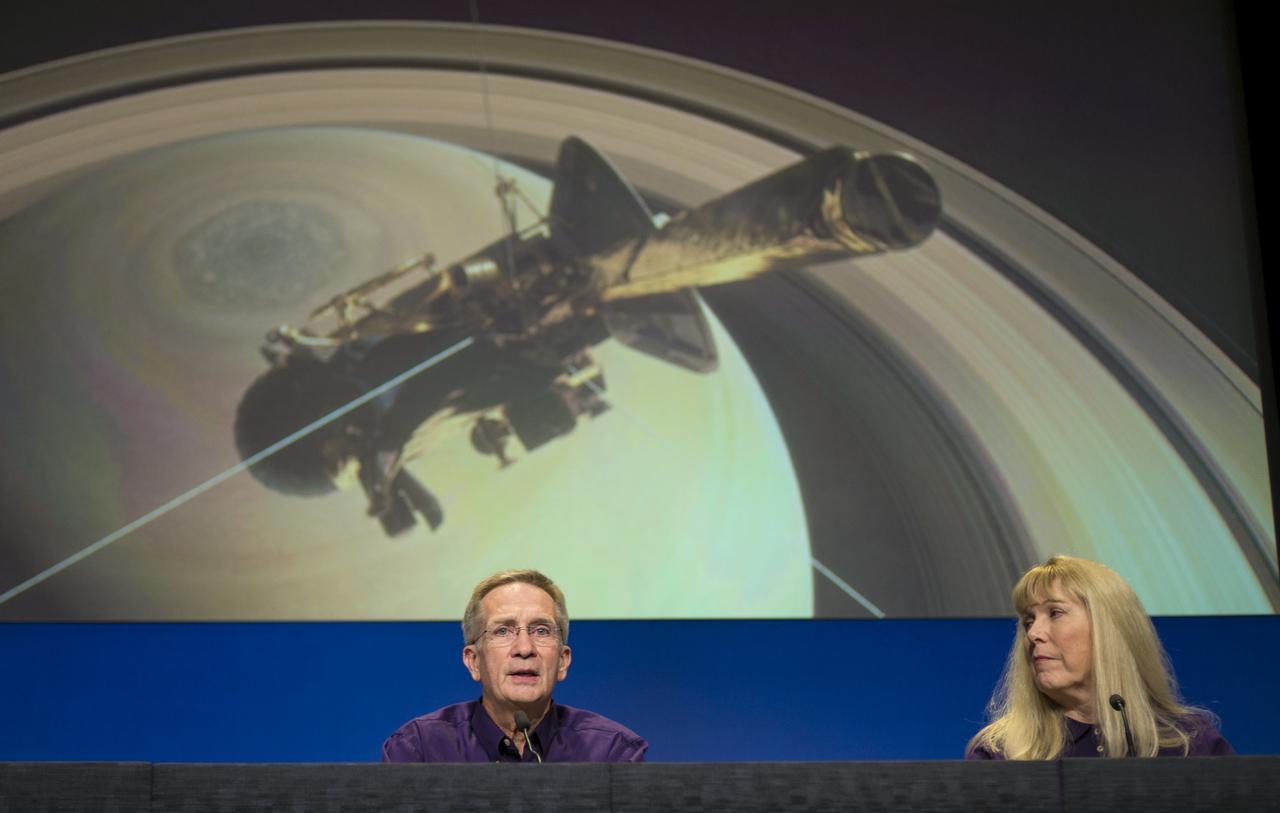 Cassini project scientist at JPL, Linda Spilker, right, looks on as Cassini program manager at JPL, Earl Maize speaks during a press conference previewing Cassini's End of Mission, Wednesday, Sept. 13, 2017 at NASA's Jet Propulsion Laboratory in Pasadena, California. Since its arrival in 2004, the Cassini-Huygens mission has been a discovery machine, revolutionizing our knowledge of the Saturn system and captivating us with data and images never before obtained with such detail and clarity. On Sept. 15, 2017, operators will deliberately plunge the spacecraft into Saturn, as Cassini gathered science until the end. The “plunge” ensures Saturn’s moons will remain pristine for future exploration. During Cassini’s final days, mission team members from all around the world gathered at NASA’s Jet Propulsion Laboratory, Pasadena, California, to celebrate the achievements of this historic mission. Photo Credit: (NASA/Joel Kowsky)
