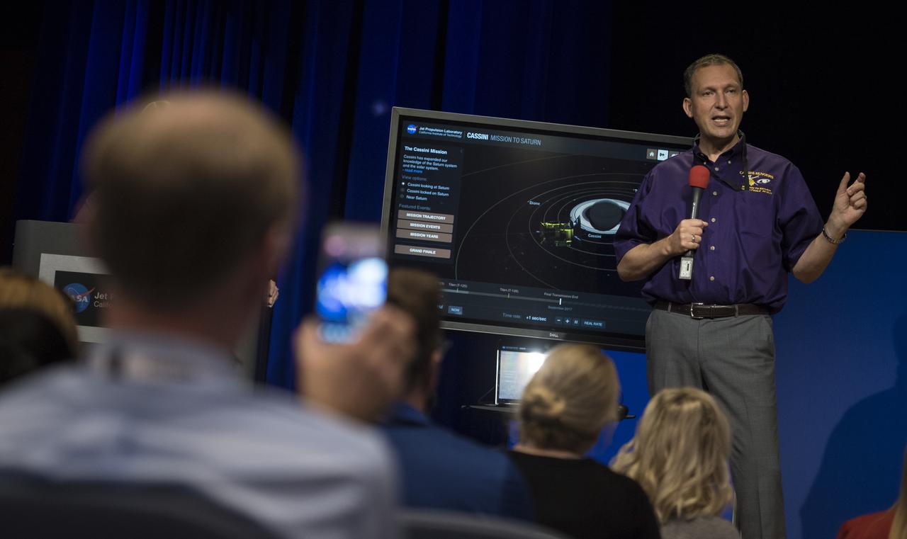 Associate administrator for NASA's Science Mission Directorate Thomas Zurbuchen, speaks to NASA Social attendees about the Cassini mission, Thursday, Sept. 14, 2017 at NASA's Jet Propulsion Laboratory in Pasadena, California. Since its arrival in 2004, the Cassini-Huygens mission has been a discovery machine, revolutionizing our knowledge of the Saturn system and captivating us with data and images never before obtained with such detail and clarity. On Sept. 15, 2017, operators will deliberately plunge the spacecraft into Saturn, as Cassini gathered science until the end. The “plunge” ensures Saturn’s moons will remain pristine for future exploration. During Cassini’s final days, mission team members from all around the world gathered at NASA’s Jet Propulsion Laboratory, Pasadena, California, to celebrate the achievements of this historic mission. Photo Credit: (NASA/Joel Kowsky)