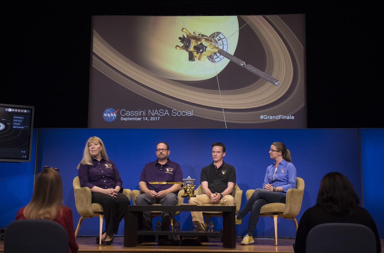 Cassini project scientist at JPL, Linda Spilker, left, Cassini interdisciplinary Titan scientist at Cornell University, Jonathan Lunine, second from left, Cassini Composite Infrared Spectrometer(CIRS) Instrument deputy principle investigator Connor Nixon, second from right, and Cassini assistant project science systems engineer Morgan Cable, right, participate in a Cassini science panel discussion during the Cassini NASA Social, Thursday, Sept. 14, 2017 at NASA's Jet Propulsion Laboratory in Pasadena, California. Since its arrival in 2004, the Cassini-Huygens mission has been a discovery machine, revolutionizing our knowledge of the Saturn system and captivating us with data and images never before obtained with such detail and clarity. On Sept. 15, 2017, operators will deliberately plunge the spacecraft into Saturn, as Cassini gathered science until the end. The “plunge” ensures Saturn’s moons will remain pristine for future exploration. During Cassini’s final days, mission team members from all around the world gathered at NASA’s Jet Propulsion Laboratory, Pasadena, California, to celebrate the achievements of this historic mission. Photo Credit: (NASA/Joel Kowsky)