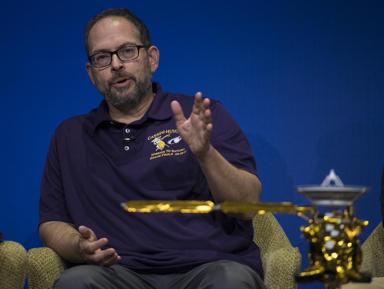 Cassini interdisciplinary Titan scientist at Cornell University, Jonathan Lunine, speaks to NASA Social attendees about the Cassini mission, Thursday, Sept. 14, 2017 at NASA's Jet Propulsion Laboratory in Pasadena, California. Since its arrival in 2004, the Cassini-Huygens mission has been a discovery machine, revolutionizing our knowledge of the Saturn system and captivating us with data and images never before obtained with such detail and clarity. On Sept. 15, 2017, operators will deliberately plunge the spacecraft into Saturn, as Cassini gathered science until the end. The “plunge” ensures Saturn’s moons will remain pristine for future exploration. During Cassini’s final days, mission team members from all around the world gathered at NASA’s Jet Propulsion Laboratory, Pasadena, California, to celebrate the achievements of this historic mission. Photo Credit: (NASA/Joel Kowsky)