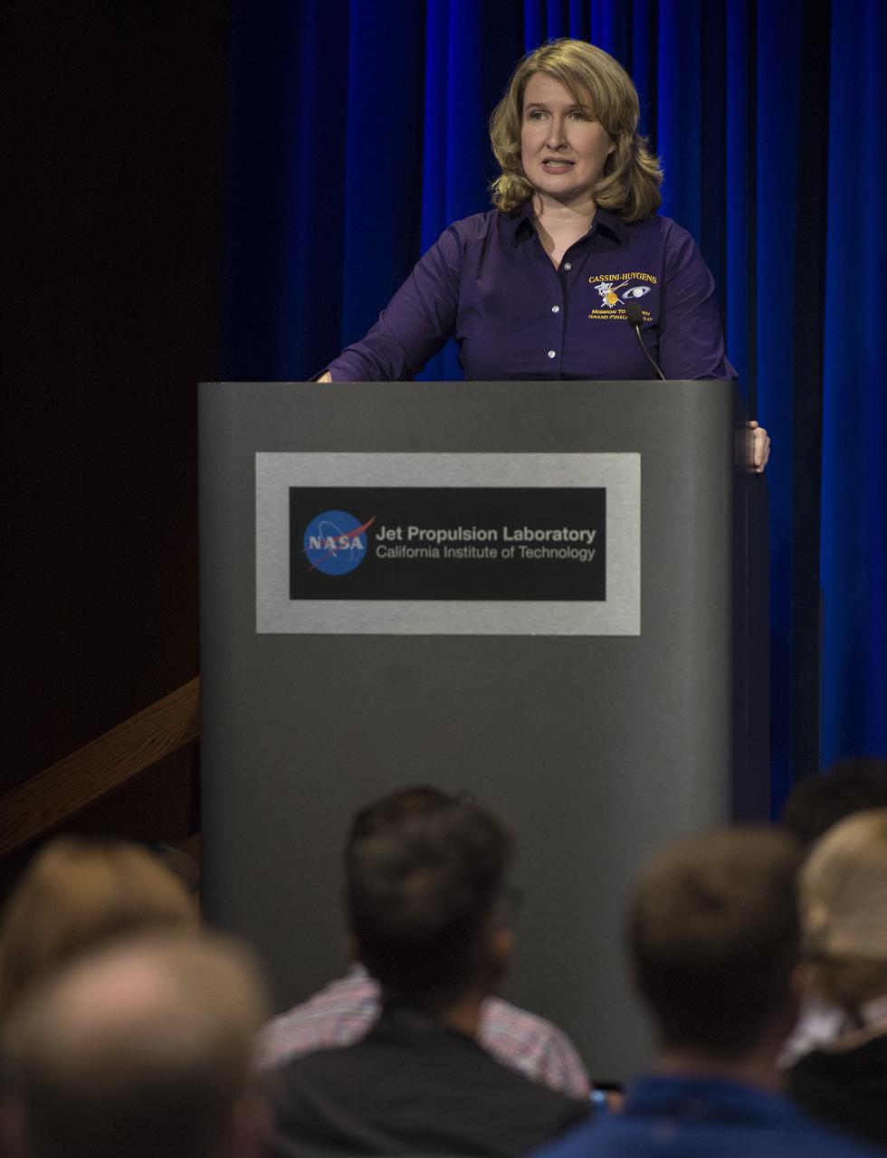 NASA JPL digital and social media lead Stephanie Smith, introduces technical producer for NASA's Eyes at JPL, Jason Craig, Thursday, Sept. 14, 2017 at NASA's Jet Propulsion Laboratory in Pasadena, California. Since its arrival in 2004, the Cassini-Huygens mission has been a discovery machine, revolutionizing our knowledge of the Saturn system and captivating us with data and images never before obtained with such detail and clarity. On Sept. 15, 2017, operators will deliberately plunge the spacecraft into Saturn, as Cassini gathered science until the end. The “plunge” ensures Saturn’s moons will remain pristine for future exploration. During Cassini’s final days, mission team members from all around the world gathered at NASA’s Jet Propulsion Laboratory, Pasadena, California, to celebrate the achievements of this historic mission. Photo Credit: (NASA/Joel Kowsky)