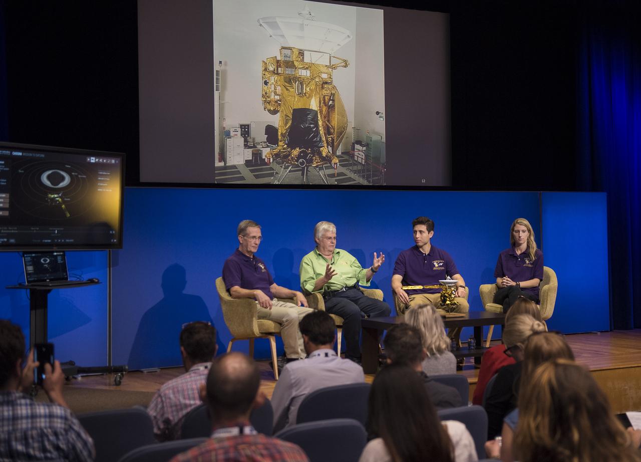 Spacecraft operations team manager for the Cassini mission at Saturn, Julie Webster, second from right, talks about her experiences with Cassini during the Cassini NASA Social, Thursday, Sept. 14, 2017 at NASA's Jet Propulsion Laboratory in Pasadena, California. Also participating in the engineering panel was Cassini program manager at JPL, Earl Maize, right, guidance and control engineer for the Cassini mission at Saturn, Luis Andrade, second from left, and mission planner for the Cassini mission at Saturn, Molly Bittner, left. Since its arrival in 2004, the Cassini-Huygens mission has been a discovery machine, revolutionizing our knowledge of the Saturn system and captivating us with data and images never before obtained with such detail and clarity. On Sept. 15, 2017, operators will deliberately plunge the spacecraft into Saturn, as Cassini gathered science until the end. The “plunge” ensures Saturn’s moons will remain pristine for future exploration. During Cassini’s final days, mission team members from all around the world gathered at NASA’s Jet Propulsion Laboratory, Pasadena, California, to celebrate the achievements of this historic mission. Photo Credit: (NASA/Joel Kowsky)