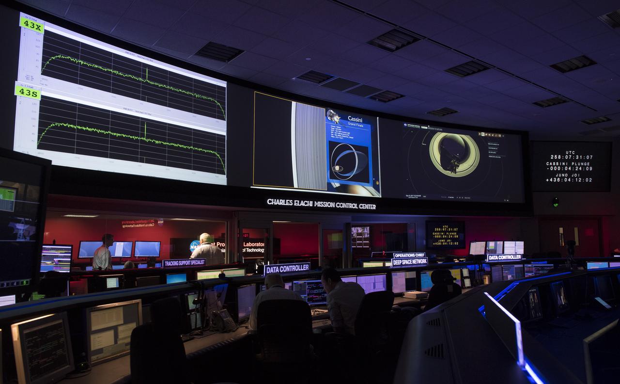 Images being transmitted from the Cassini spacecraft are seen on a screen in the Charles Elachi Mission Control Center in the Space Flight Operation Center at NASA's Jet Propulsion Laboratory, Friday, Sept. 15, 2017 in Pasadena, California. Since its arrival in 2004, the Cassini-Huygens mission has been a discovery machine, revolutionizing our knowledge of the Saturn system and captivating us with data and images never before obtained with such detail and clarity. On Sept. 15, 2017, operators will deliberately plunge the spacecraft into Saturn, as Cassini gathered science until the end. The “plunge” ensures Saturn’s moons will remain pristine for future exploration. During Cassini’s final days, mission team members from all around the world gathered at NASA’s Jet Propulsion Laboratory, Pasadena, California, to celebrate the achievements of this historic mission. Photo Credit: (NASA/Joel Kowsky)