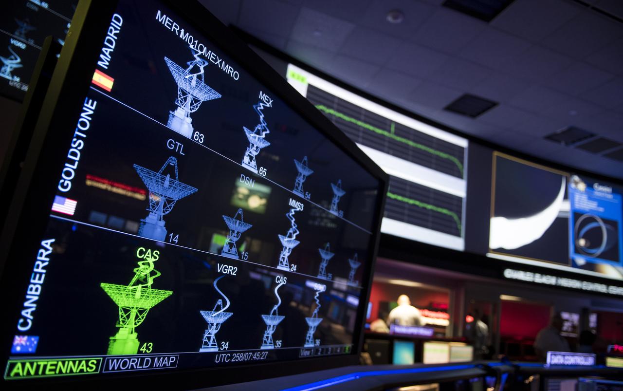 A monitor shows the status of NASA's Deep Space Network as it receives data from the Cassini spacecraft, Friday, Sept. 15, 2017 in the Charles Elachi Mission Control Center in the Space Flight Operation Center at NASA's Jet Propulsion Laboratory in Pasadena, California. Since its arrival in 2004, the Cassini-Huygens mission has been a discovery machine, revolutionizing our knowledge of the Saturn system and captivating us with data and images never before obtained with such detail and clarity. On Sept. 15, 2017, operators will deliberately plunge the spacecraft into Saturn, as Cassini gathered science until the end. The “plunge” ensures Saturn’s moons will remain pristine for future exploration. During Cassini’s final days, mission team members from all around the world gathered at NASA’s Jet Propulsion Laboratory, Pasadena, California, to celebrate the achievements of this historic mission. Photo Credit: (NASA/Joel Kowsky)
