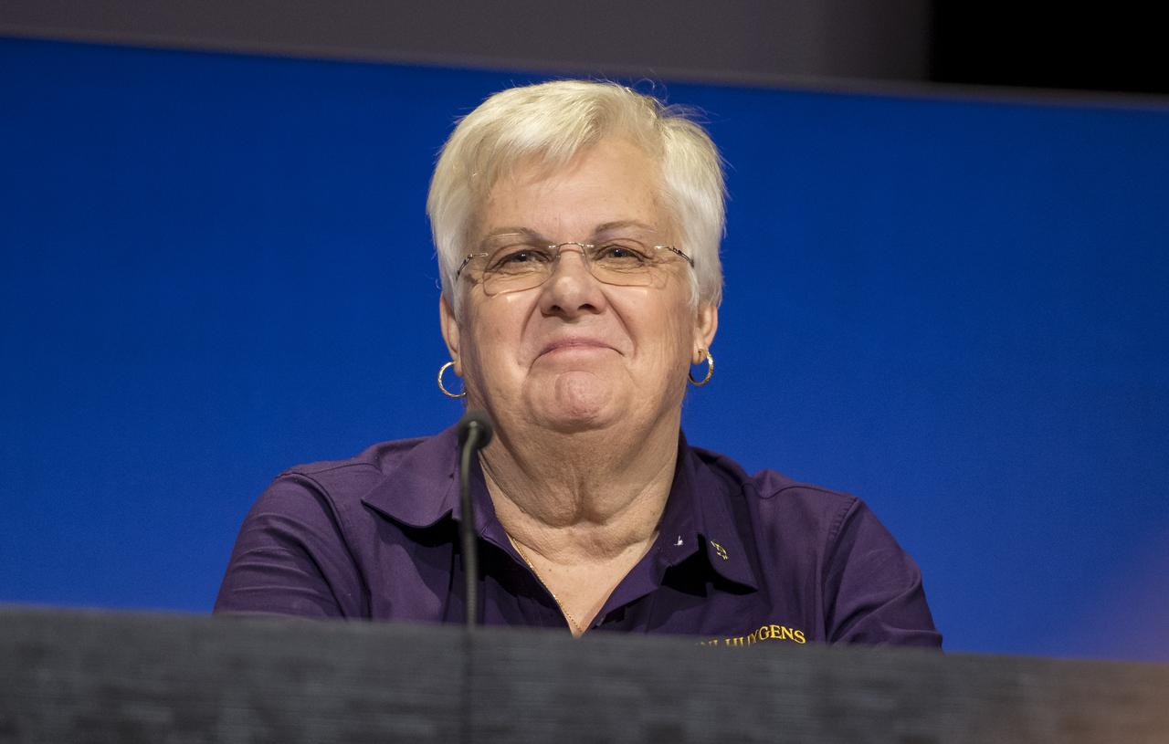 Spacecraft operations team manager for the Cassini mission at Saturn, Julie Webster is seen during a press conference held after the end of the Cassini mission, Friday, Sept. 15, 2017 at NASA's Jet Propulsion Laboratory in Pasadena, California. Since its arrival in 2004, the Cassini-Huygens mission has been a discovery machine, revolutionizing our knowledge of the Saturn system and captivating us with data and images never before obtained with such detail and clarity. On Sept. 15, 2017, operators deliberately plunged the spacecraft into Saturn, as Cassini gathered science until the end. Loss of contact with the Cassini spacecraft occurred at 7:55 a.m. EDT (4:55 a.m. PDT). The “plunge” ensures Saturn’s moons will remain pristine for future exploration. During Cassini’s final days, mission team members from all around the world gathered at NASA’s Jet Propulsion Laboratory, Pasadena, California, to celebrate the achievements of this historic mission. Photo Credit: (NASA/Joel Kowsky)