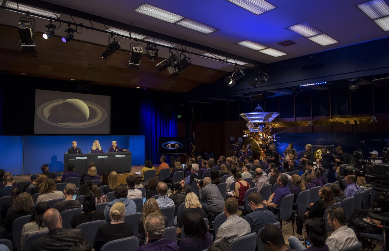 Cassini program manager at JPL, Earl Maize, left, Cassini project scientist at JPL, Linda Spilker, center, spacecraft operations team manager for the Cassini mission at Saturn, Julie Webster, right, answer questions from the media during a press conference held after the end of the Cassini mission, Friday, Sept. 15, 2017 at NASA's Jet Propulsion Laboratory in Pasadena, California. Since its arrival in 2004, the Cassini-Huygens mission has been a discovery machine, revolutionizing our knowledge of the Saturn system and captivating us with data and images never before obtained with such detail and clarity. On Sept. 15, 2017, operators deliberately plunged the spacecraft into Saturn, as Cassini gathered science until the end. Loss of contact with the Cassini spacecraft occurred at 7:55 a.m. EDT (4:55 a.m. PDT). The “plunge” ensures Saturn’s moons will remain pristine for future exploration. During Cassini’s final days, mission team members from all around the world gathered at NASA’s Jet Propulsion Laboratory, Pasadena, California, to celebrate the achievements of this historic mission. Photo Credit: (NASA/Joel Kowsky)