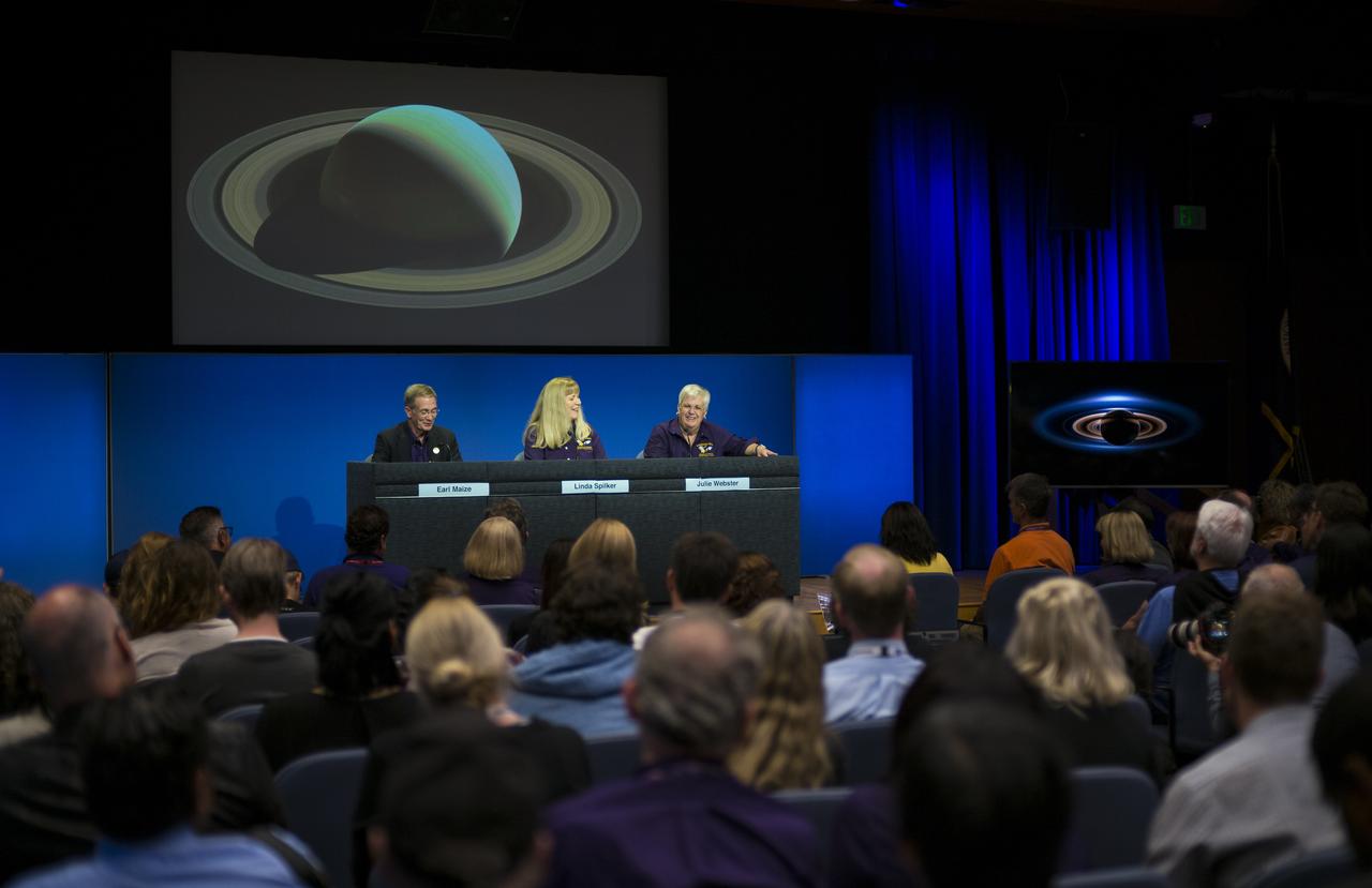 Cassini program manager at JPL, Earl Maize, left, Cassini project scientist at JPL, Linda Spilker, center, spacecraft operations team manager for the Cassini mission at Saturn, Julie Webster, right, answer questions from the media during a press conference held after the end of the Cassini mission, Friday, Sept. 15, 2017 at NASA's Jet Propulsion Laboratory in Pasadena, California. Since its arrival in 2004, the Cassini-Huygens mission has been a discovery machine, revolutionizing our knowledge of the Saturn system and captivating us with data and images never before obtained with such detail and clarity. On Sept. 15, 2017, operators deliberately plunged the spacecraft into Saturn, as Cassini gathered science until the end. Loss of contact with the Cassini spacecraft occurred at 7:55 a.m. EDT (4:55 a.m. PDT). The “plunge” ensures Saturn’s moons will remain pristine for future exploration. During Cassini’s final days, mission team members from all around the world gathered at NASA’s Jet Propulsion Laboratory, Pasadena, California, to celebrate the achievements of this historic mission. Photo Credit: (NASA/Joel Kowsky)