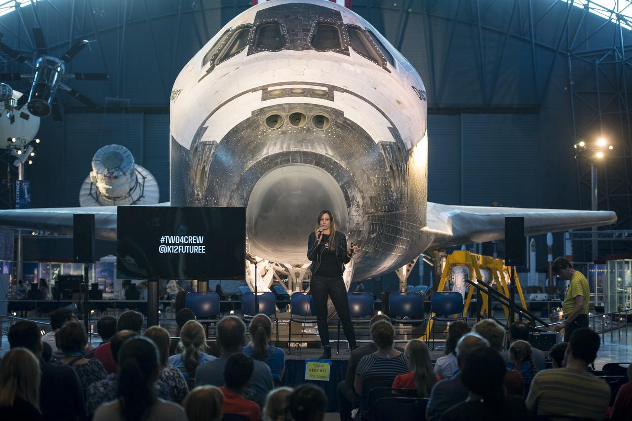 Founder and CEO of Future Engineers, Deanne Bell, speaks at a pop-up makerspace hosted by Future Engineers with support from NASA and The American Society of Mechanical Engineers (ASME), at the Steven F. Udvar-Hazy Center, Thursday, September 21, 2017 in Chantilly, Virginia. Participants were able to create digital 3D models using Autodesk Tinkercad and watch objects being printed with Makerbot 3D printers. Photo Credit: (NASA/Aubrey Gemignani)