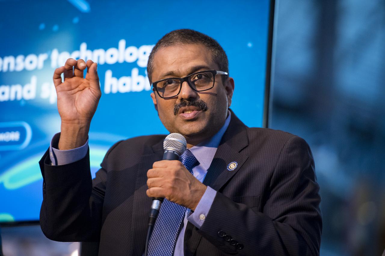 Jitendra Joshi, chief technology advisor, Advanced Exploration Systems, NASA, speaks on a panel on improving air quality for health in space and on Earth, at a pop-up makerspace hosted by Future Engineers with support from NASA and The American Society of Mechanical Engineers (ASME), at the Steven F. Udvar-Hazy Center, Thursday, September 21, 2017 in Chantilly, Virginia. Participants were able to create digital 3D models using Autodesk Tinkercad and watch objects being printed with Makerbot 3D printers. Photo Credit: (NASA/Aubrey Gemignani)