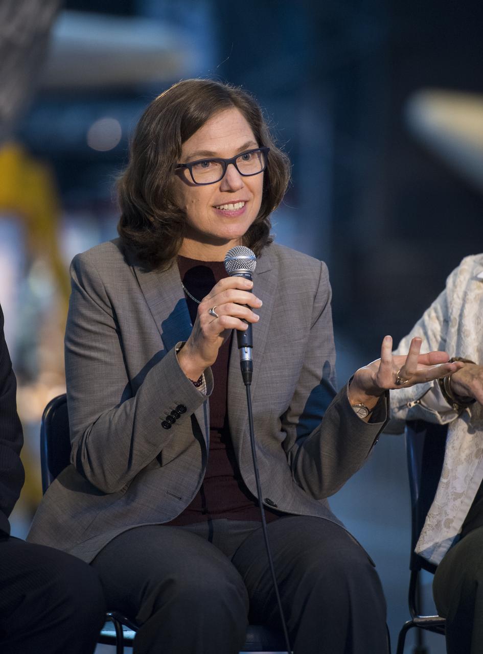 Marit Meyer, research aerospace engineer, Aerosol Science and Instrumentation, NASA, speaks on a panel on improving air quality for health in space and on Earth, at a pop-up makerspace hosted by Future Engineers with support from NASA and The American Society of Mechanical Engineers (ASME), at the Steven F. Udvar-Hazy Center, Thursday, September 21, 2017 in Chantilly, Virginia. Participants were able to create digital 3D models using Autodesk Tinkercad and watch objects being printed with Makerbot 3D printers. Photo Credit: (NASA/Aubrey Gemignani)