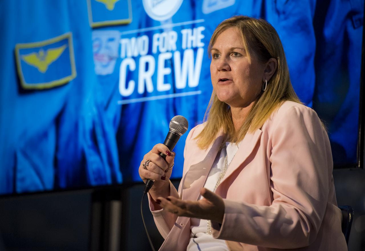 Barb Gruber, supervisor school programs, Smithsonian National Air and Space Museum, speaks on a panel on "igniting NOVA K-12 engineering and maker education", at a pop-up makerspace hosted by Future Engineers with support from NASA and The American Society of Mechanical Engineers (ASME), at the Steven F. Udvar-Hazy Center, Thursday, September 21, 2017 in Chantilly, Virginia. Participants were able to create digital 3D models using Autodesk Tinkercad and watch objects being printed with Makerbot 3D printers. Photo Credit: (NASA/Aubrey Gemignani)