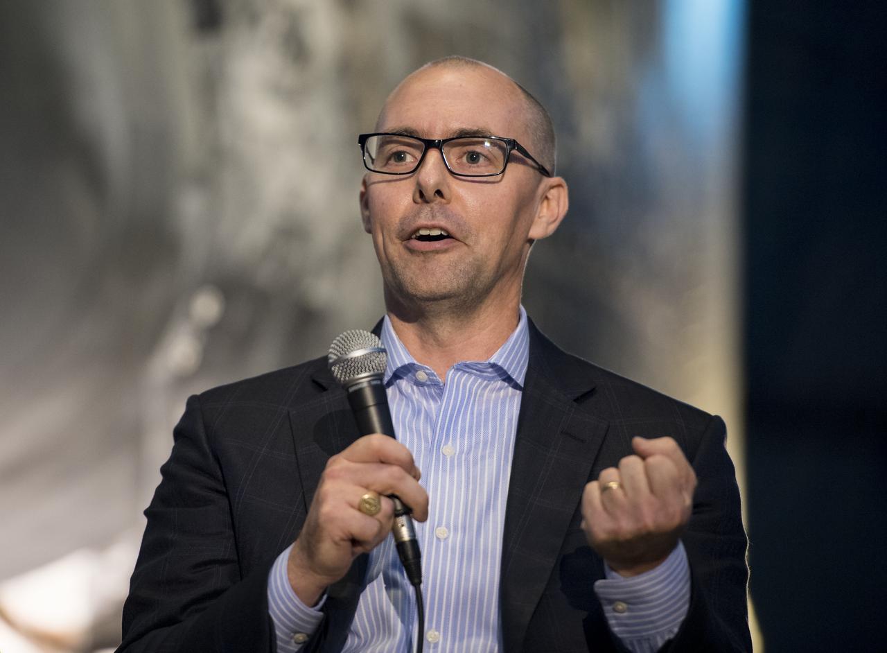 Ryan Heitz, co-founder and head of school, Ideaventions Academy, speaks on a panel on "igniting NOVA K-12 engineering and maker education", at a pop-up makerspace hosted by Future Engineers with support from NASA and The American Society of Mechanical Engineers (ASME), at the Steven F. Udvar-Hazy Center, Thursday, September 21, 2017 in Chantilly, Virginia. Participants were able to create digital 3D models using Autodesk Tinkercad and watch objects being printed with Makerbot 3D printers. Photo Credit: (NASA/Aubrey Gemignani)