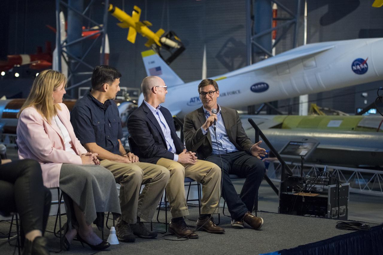 Paul Scott, interim executive director, The American Society of Mechanical Engineers (ASME), speaks on a panel on "igniting NOVA K-12 engineering and maker education", at a pop-up makerspace hosted by Future Engineers with support from NASA and ASME, at the Steven F. Udvar-Hazy Center, Thursday, September 21, 2017 in Chantilly, Virginia. Participants were able to create digital 3D models using Autodesk Tinkercad and watch objects being printed with Makerbot 3D printers. Photo Credit: (NASA/Aubrey Gemignani)