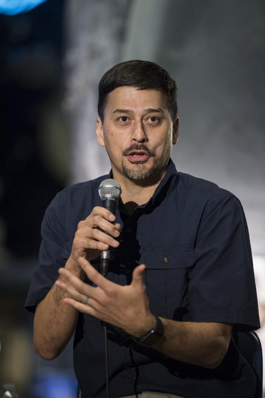 Josh Ajima, instructional facilitator for technology, Loudoun County Public Schools and DesignMakeTeach.com blog, speaks on a panel on "igniting NOVA K-12 engineering and maker education", at a pop-up makerspace hosted by Future Engineers with support from NASA and The American Society of Mechanical Engineers (ASME), at the Steven F. Udvar-Hazy Center, Thursday, September 21, 2017 in Chantilly, Virginia. Participants were able to create digital 3D models using Autodesk Tinkercad and watch objects being printed with Makerbot 3D printers. Photo Credit: (NASA/Aubrey Gemignani)