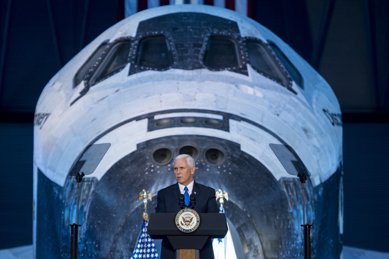 Vice President Mike Pence delivers opening remarks during the National Space Council's first meeting, Thursday, Oct. 5, 2017 at the Smithsonian National Air and Space Museum's Steven F. Udvar-Hazy Center in Chantilly, Va. The National Space Council, chaired by Vice President Mike Pence heard testimony from representatives from civil space, commercial space, and national security space industry representatives.  Photo Credit: (NASA/Joel Kowsky)