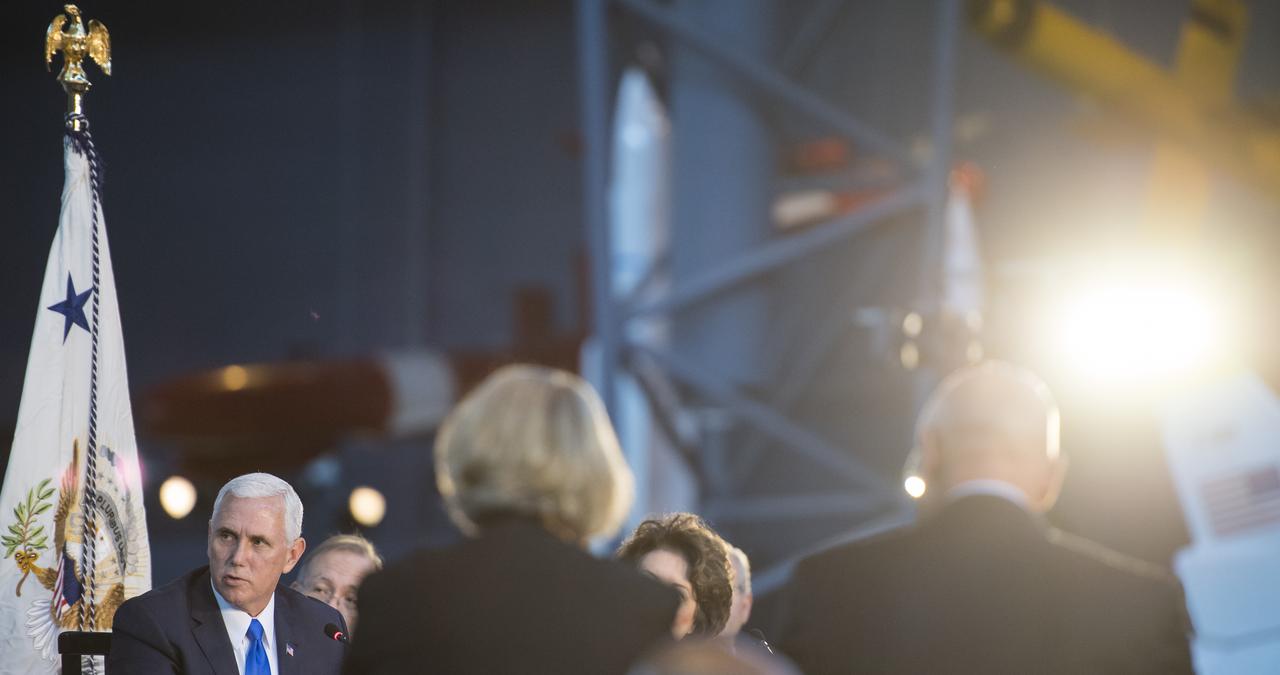 Vice President Mike Pence is seen during the National Space Council's first meeting, Thursday, Oct. 5, 2017 at the Smithsonian National Air and Space Museum's Steven F. Udvar-Hazy Center in Chantilly, Va. The National Space Council, chaired by Vice President Mike Pence heard testimony from representatives from civil space, commercial space, and national security space industry representatives.  Photo Credit: (NASA/Joel Kowsky)