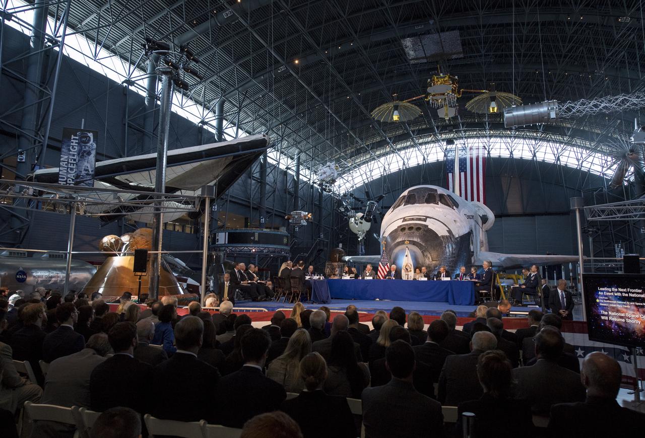 Members of the National Space Council are seen during the council's first meeting, Thursday, Oct. 5, 2017 at the Smithsonian National Air and Space Museum's Steven F. Udvar-Hazy Center in Chantilly, Va. The National Space Council, chaired by Vice President Mike Pence heard testimony from representatives from civil space, commercial space, and national security space industry representatives.  Photo Credit: (NASA/Joel Kowsky)