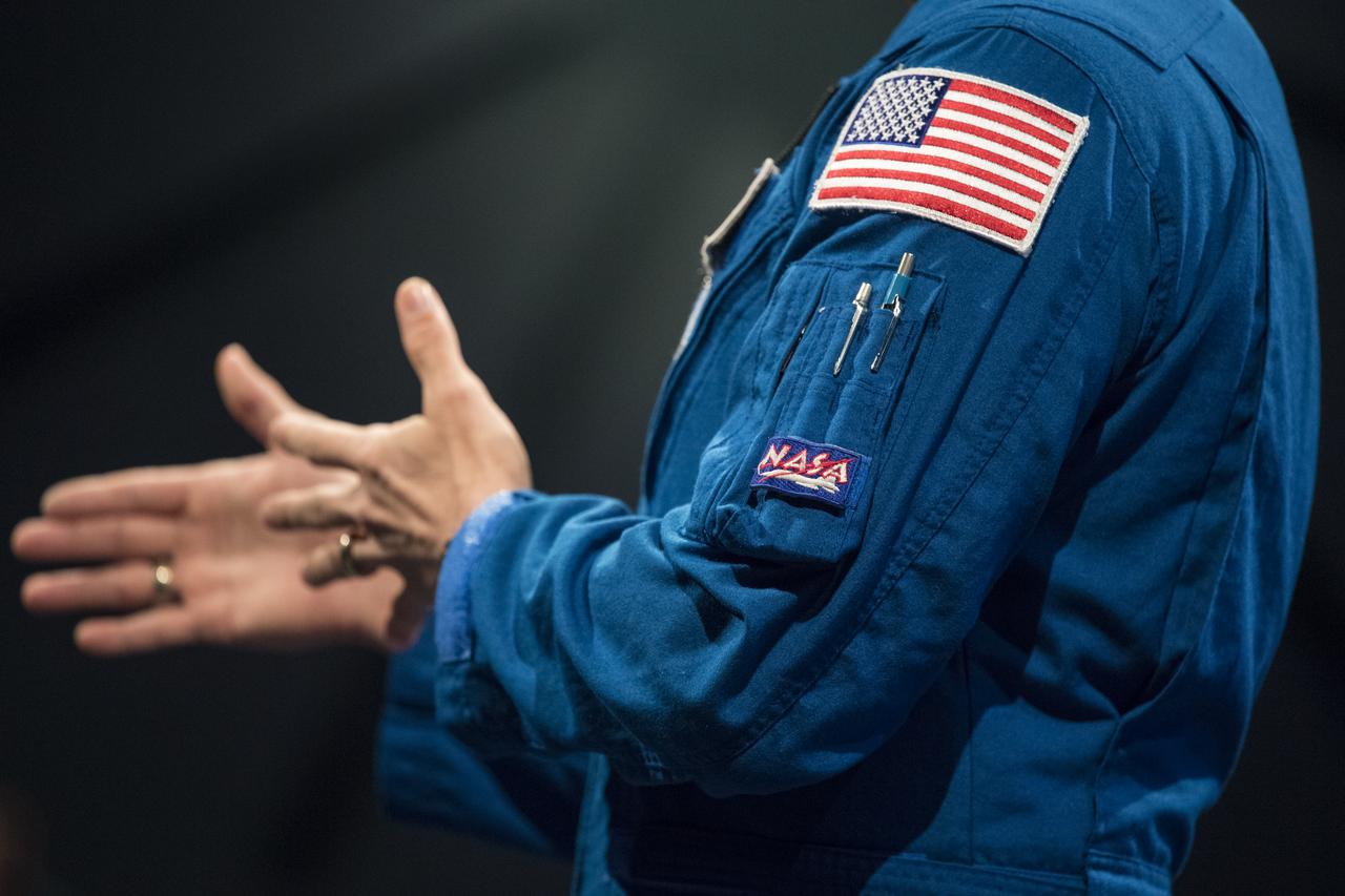 NASA astronaut Jack Fischer speaks about his time onboard the International Space Station (ISS) during Expeditions 51/52, Friday, Nov. 3, 2017 at Smithsonian's National Air and Space Museum in Washington. During Expedition 52, Fischer completed hundreds of scientific experiments and two spacewalks, and concluded his 136-day mission when he landed in a remote area near the town of Zhezkazgan, Kazakhstan in September 2017. Photo Credit: (NASA/Aubrey Gemignani)