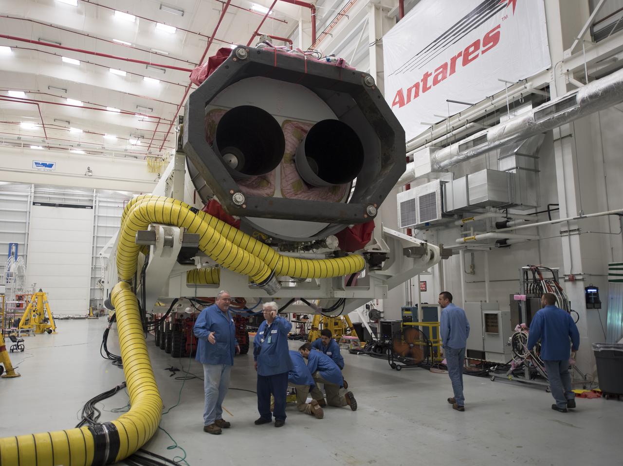 The Orbital ATK Antares rocket is rolled from the Horizontal Integration Facility (HIF) to launch Pad-0A, Thursday, Nov. 9, 2017 at NASA's Wallops Flight Facility in Virginia. Orbital ATK’s eighth contracted cargo resupply mission with NASA to the International Space Station will deliver over 7,400 pounds of science and research, crew supplies and vehicle hardware to the orbital laboratory and its crew. Photo Credit: (NASA/Bill Ingalls)