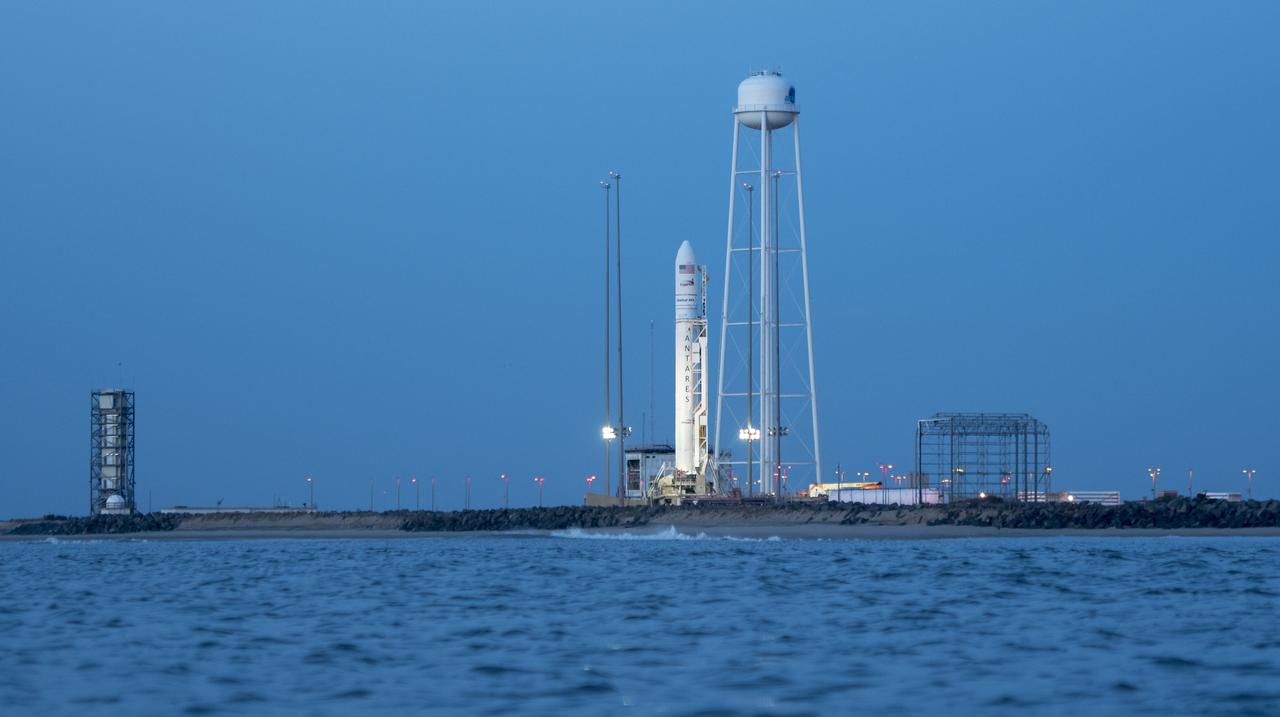 The Orbital ATK Antares rocket, with the Cygnus spacecraft onboard, is seen on launch Pad-0A, Friday, Nov. 10, 2017 at NASA's Wallops Flight Facility in Virginia. Orbital ATK’s eighth contracted cargo resupply mission with NASA to the International Space Station will deliver approximately 7,400 pounds of science and research, crew supplies and vehicle hardware to the orbital laboratory and its crew. Photo Credit: (NASA/Bill Ingalls)