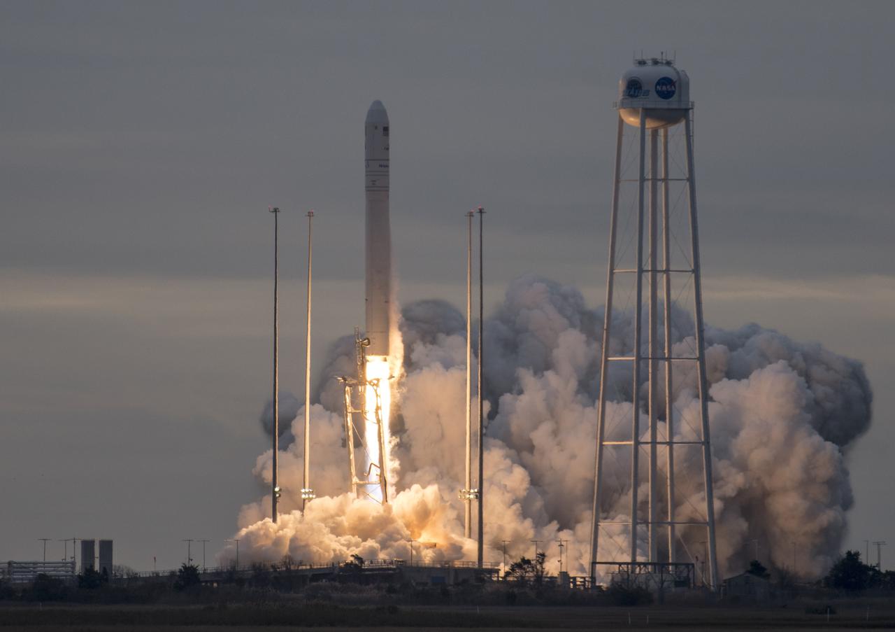 The Orbital ATK Antares rocket, with the Cygnus spacecraft onboard, launches from Pad-0A, Sunday, Nov. 12, 2017 at NASA's Wallops Flight Facility in Virginia. Orbital ATK’s eighth contracted cargo resupply mission with NASA to the International Space Station will deliver approximately 7,400 pounds of science and research, crew supplies and vehicle hardware to the orbital laboratory and its crew. Photo Credit: (NASA/Bill Ingalls)