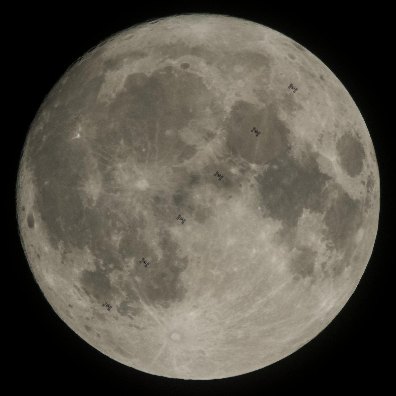This composite image made from six frames shows the International Space Station, with a crew of six onboard, as it transits the Moon at roughly five miles per second, Saturday, Dec. 2, 2017, in Manchester Township, York County, Pennsylvania. Onboard are NASA astronauts Joe Acaba, Mark Vande Hei, and Randy Bresnik; Russian cosmonauts Alexander Misurkin and Sergey Ryanzansky; and ESA astronaut Paolo Nespoli. Photo Credit: (NASA/Joel Kowsky)