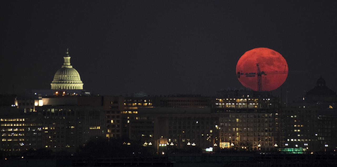 The Moon is seen as is rises, Sunday, Dec. 3, 2017 in Washington. Today's full Moon is the first of three consecutive supermoons. The two will occur on Jan. 1 and Jan. 31, 2018. A supermoon occurs when the moon’s orbit is closest (perigee) to Earth at the same time it is full. Photo Credit: (NASA/Bill Ingalls)