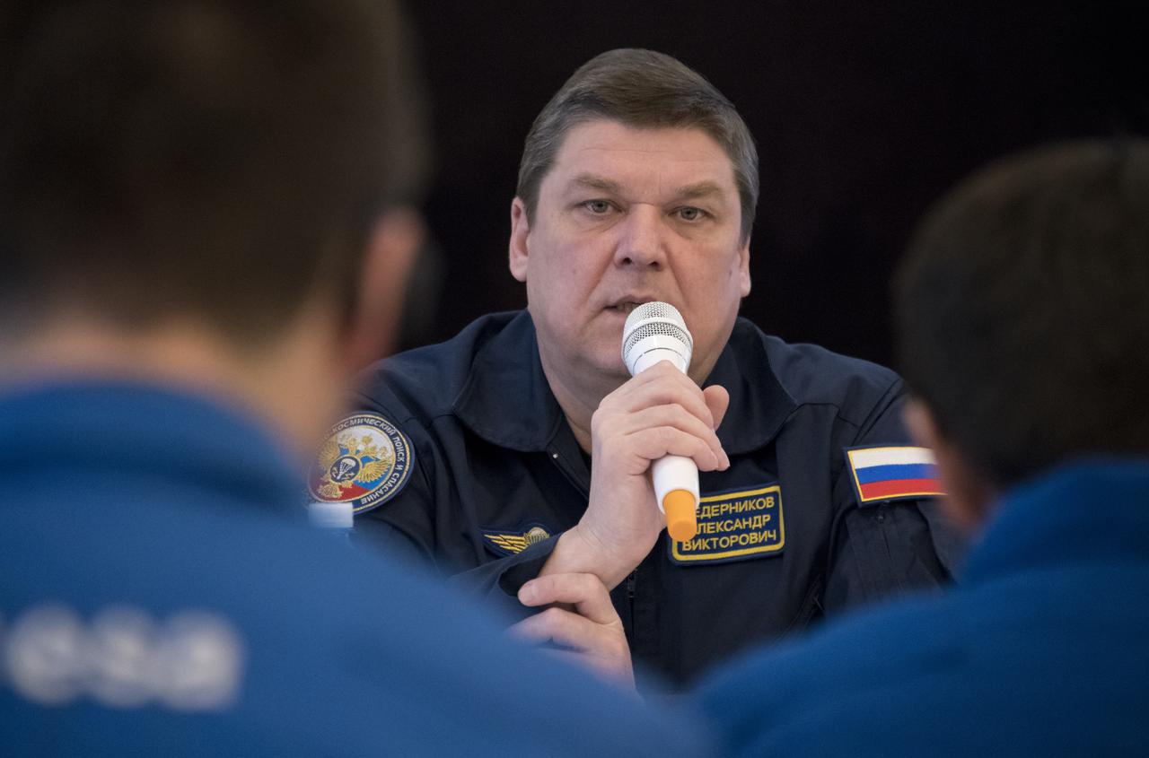 Deputy Director of Rosaviatsiya (Russian Federal Agency for Air Transport) Alexander Vedernikov conducts a readiness review for the landing of Expedition 53 Commander Randy Bresnik of NASA and Flight Engineers Paolo Nespoli of ESA (European Space Agency) and Sergey Ryazanskiy of the Russian space agency Roscosmos Tuesday, Dec. 12, 2017. Bresnik, Nespoli and Ryazanskiy are returning after 139 days in space where they served as members of the Expedition 52 and 53 crews onboard the International Space Station. Photo Credit: (NASA/Bill Ingalls)