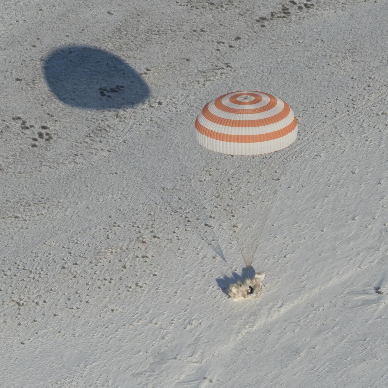 The Soyuz MS-05 spacecraft is seen as it lands with Expedition 53 Commander Randy Bresnik of NASA and Flight Engineers Paolo Nespoli of ESA (European Space Agency) and Sergey Ryazanskiy of the Russian space agency Roscosmos near the town of Zhezkazgan, Kazakhstan on Thursday, Dec. 14, 2017. Bresnik, Nespoli and Ryazanskiy are returning after 139 days in space where they served as members of the Expedition 52 and 53 crews onboard the International Space Station. Photo Credit: (NASA/Bill Ingalls)