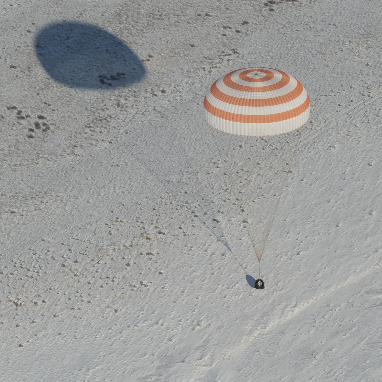 The Soyuz MS-05 spacecraft is seen as it lands with Expedition 53 Commander Randy Bresnik of NASA and Flight Engineers Paolo Nespoli of ESA (European Space Agency) and Sergey Ryazanskiy of the Russian space agency Roscosmos near the town of Zhezkazgan, Kazakhstan on Thursday, Dec. 14, 2017. Bresnik, Nespoli and Ryazanskiy are returning after 139 days in space where they served as members of the Expedition 52 and 53 crews onboard the International Space Station. Photo Credit: (NASA/Bill Ingalls)