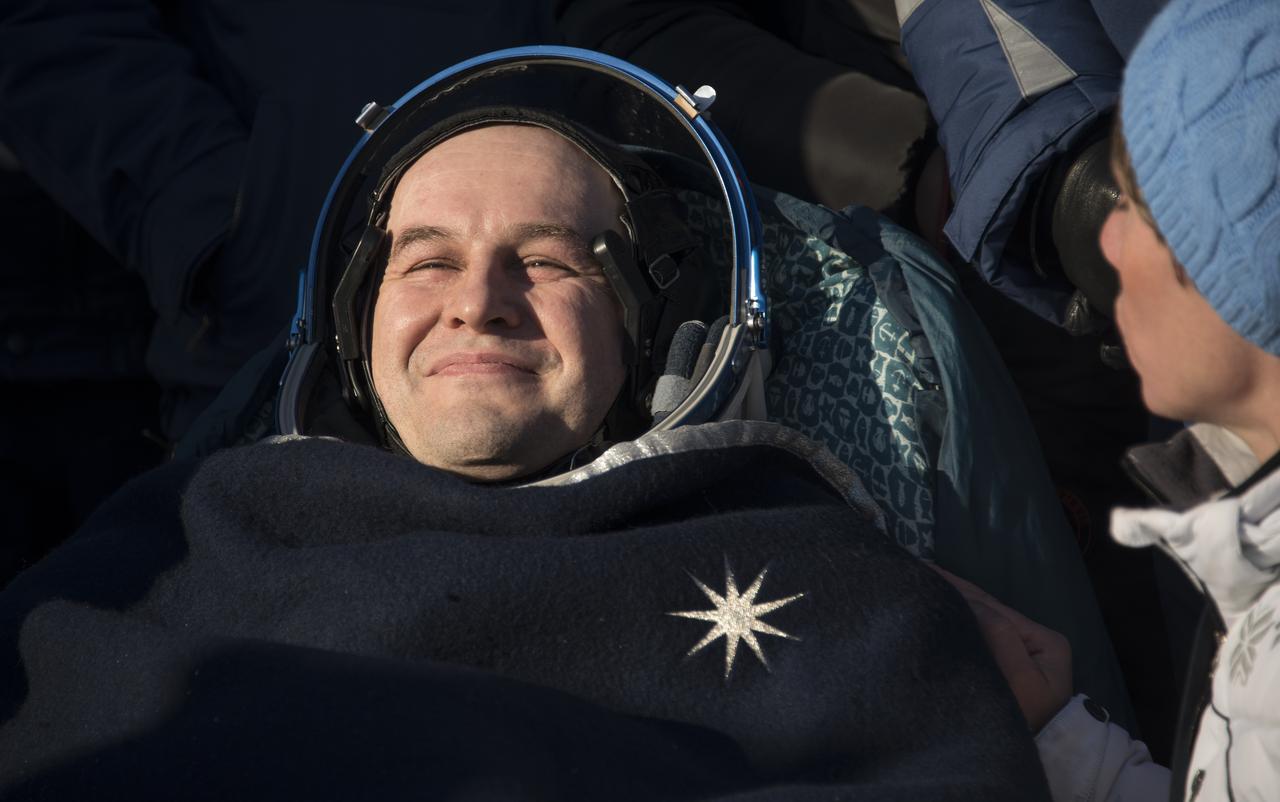 Roscosmos cosmonaut Sergey Ryazanskiy rests in a chair shortly after he and NASA astronaut Randy Bresnik, and ESA (European Space Agency) astronaut Paolo Nespoli landed in their Soyuz MS-05 spacecraft in a remote area near the town of Zhezkazgan, Kazakhstan on Thursday, Dec. 14, 2017. Bresnik, Nespoli and Ryazanskiy are returning after 139 days in space where they served as members of the Expedition 52 and 53 crews onboard the International Space Station. Photo Credit: (NASA/Bill Ingalls)