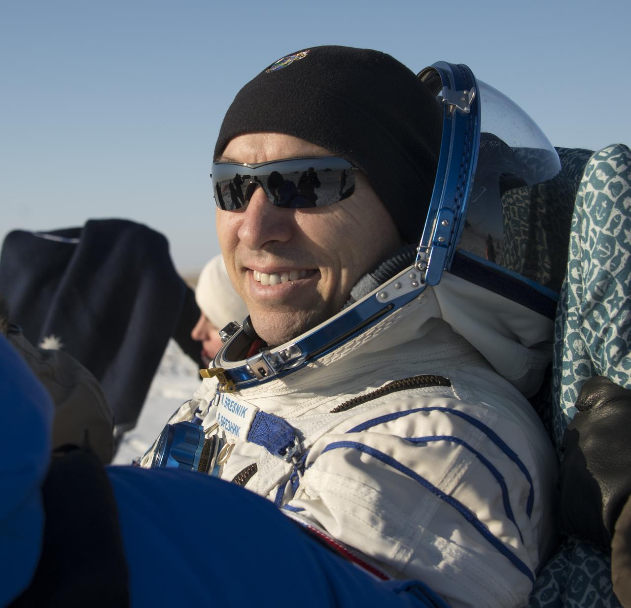 NASA astronaut Randy Bresnik is carried to the medical tent shortly after he and ESA (European Space Agency) astronaut Paolo Nespoli, and Roscosmos cosmonaut Sergey Ryazanskiy landed in their Soyuz MS-05 spacecraft in a remote area near the town of Zhezkazgan, Kazakhstan on Thursday, Dec. 14, 2017. Bresnik, Nespoli and Ryazanskiy are returning after 139 days in space where they served as members of the Expedition 52 and 53 crews onboard the International Space Station. Photo Credit: (NASA/Bill Ingalls)
