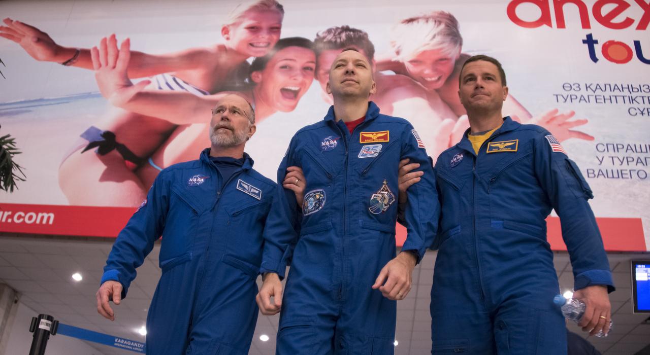 NASA astronaut Randy Bresnik arrives at the Karaganda Airport in Kazakhstan airport after he, Roscosmos cosmonaut Sergey Ryazanskiy and, ESA (European Space Agency) astronaut Paolo Nespoli landed in their Soyuz MS-05 spacecraft in a remote area near the town of Zhezkazgan, Kazakhstan on Thursday, Dec. 14, 2017. Bresnik, Nespoli and Ryazanskiy are returning after 139 days in space where they served as members of the Expedition 52 and 53 crews onboard the International Space Station. Photo Credit: (NASA/Bill Ingalls)