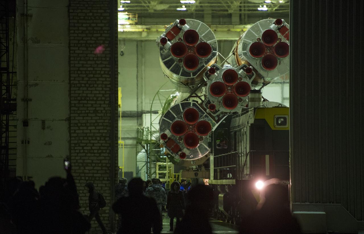 The Soyuz rocket is rolled out by train to the launch pad, Friday, Dec. 15, 2017 at the Baikonur Cosmodrome in Kazakhstan. Expedition 54 Soyuz Commander Anton Shkaplerov of Roscosmos, flight engineer Scott Tingle of NASA, and flight engineer Norishige Kanai of the Japan Aerospace Exploration Agency (JAXA) are scheduled to launch at 2:21 a.m. Eastern Time (1:21 p.m. Baikonur time) on Dec. 17 and will spend the next five months living and working aboard the International Space Station. Photo Credit: (NASA/Joel Kowsky)