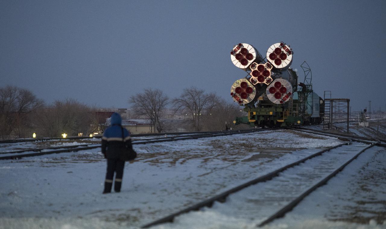 The Soyuz rocket as it nears the pad as it is rolled out by train to the launch pad, Friday, Dec. 15, 2017 at the Baikonur Cosmodrome in Kazakhstan. Expedition 54 Soyuz Commander Anton Shkaplerov of Roscosmos, flight engineer Scott Tingle of NASA, and flight engineer Norishige Kanai of the Japan Aerospace Exploration Agency (JAXA) are scheduled to launch at 2:21 a.m. Eastern Time (1:21 p.m. Baikonur time) on Dec. 17 and will spend the next five months living and working aboard the International Space Station. Photo Credit: (NASA/Joel Kowsky)