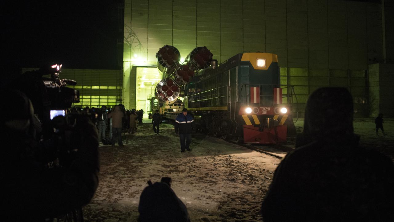 The Soyuz rocket is rolled out by train to the launch pad, Friday, Dec. 15, 2017 at the Baikonur Cosmodrome in Kazakhstan. Expedition 54 Soyuz Commander Anton Shkaplerov of Roscosmos, flight engineer Scott Tingle of NASA, and flight engineer Norishige Kanai of the Japan Aerospace Exploration Agency (JAXA) are scheduled to launch at 2:21 a.m. Eastern Time (1:21 p.m. Baikonur time) on Dec. 17 and will spend the next five months living and working aboard the International Space Station. Photo Credit: (NASA/Joel Kowsky)