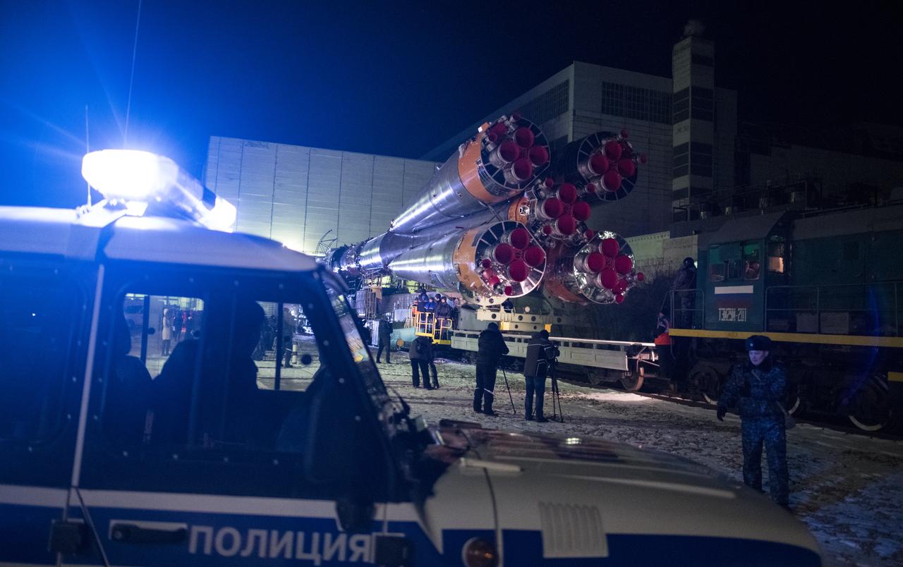The Soyuz rocket is rolled out by train to the launch pad, Friday, Dec. 15, 2017 at the Baikonur Cosmodrome in Kazakhstan. Expedition 54 Soyuz Commander Anton Shkaplerov of Roscosmos, flight engineer Scott Tingle of NASA, and flight engineer Norishige Kanai of the Japan Aerospace Exploration Agency (JAXA) are scheduled to launch at 2:21 a.m. Eastern Time (1:21 p.m. Baikonur time) on Dec. 17 and will spend the next five months living and working aboard the International Space Station. Photo Credit: (NASA/Joel Kowsky)