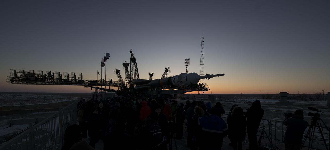 The Soyuz rocket is seen on the launch pad shortly after being rolled out by train, Friday, Dec. 15, 2017 at the Baikonur Cosmodrome in Kazakhstan. Expedition 54 Soyuz Commander Anton Shkaplerov of Roscosmos, flight engineer Scott Tingle of NASA, and flight engineer Norishige Kanai of the Japan Aerospace Exploration Agency (JAXA) are scheduled to launch at 2:21 a.m. Eastern Time (1:21 p.m. Baikonur time) on Dec. 17 and will spend the next five months living and working aboard the International Space Station. Photo Credit: (NASA/Joel Kowsky)