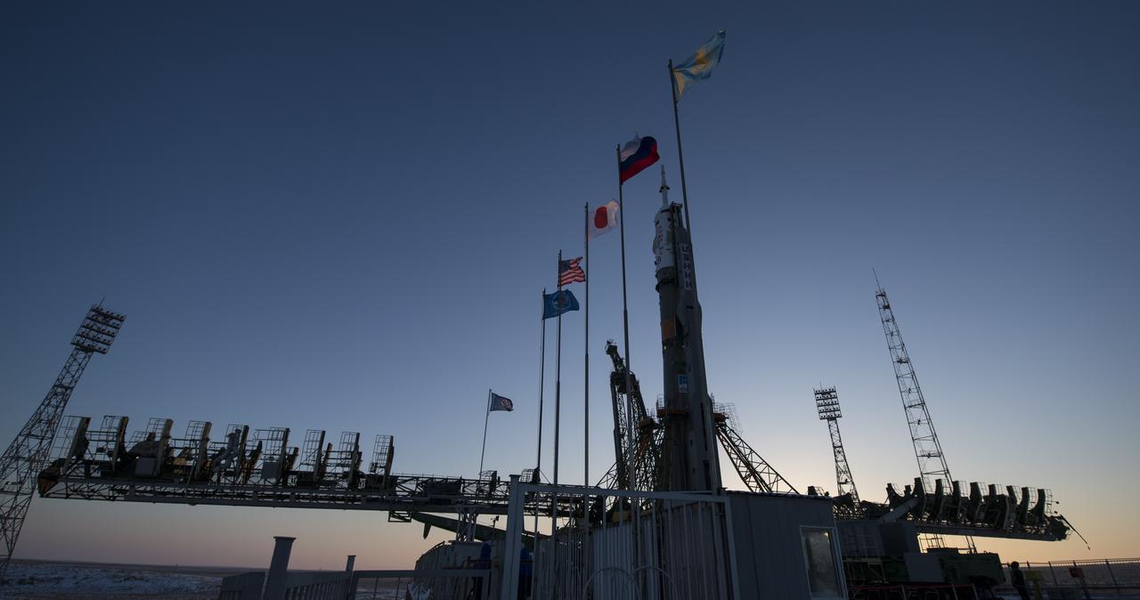 The Soyuz rocket is seen after being raised into a vertical position on the launch pad, Friday, Dec. 15, 2017 at the Baikonur Cosmodrome in Kazakhstan. Expedition 54 Soyuz Commander Anton Shkaplerov of Roscosmos, flight engineer Scott Tingle of NASA, and flight engineer Norishige Kanai of the Japan Aerospace Exploration Agency (JAXA) are scheduled to launch at 2:21 a.m. Eastern Time (1:21 p.m. Baikonur time) on Dec. 17 and will spend the next five months living and working aboard the International Space Station. Photo Credit: (NASA/Joel Kowsky)