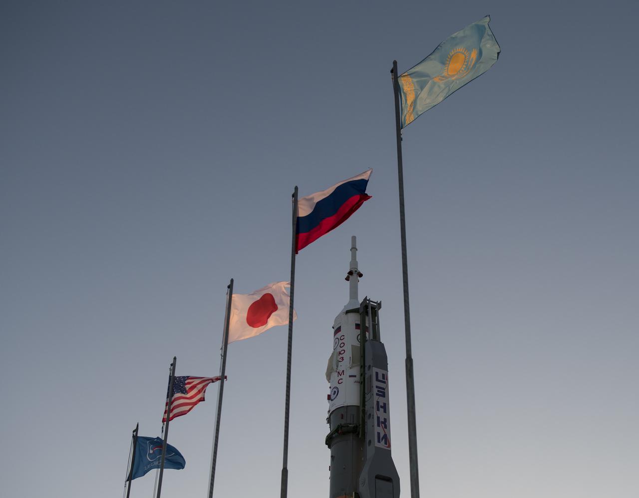 The Soyuz rocket is seen after being raised into a vertical position on the launch pad, Friday, Dec. 15, 2017 at the Baikonur Cosmodrome in Kazakhstan. Expedition 54 Soyuz Commander Anton Shkaplerov of Roscosmos, flight engineer Scott Tingle of NASA, and flight engineer Norishige Kanai of the Japan Aerospace Exploration Agency (JAXA) are scheduled to launch at 2:21 a.m. Eastern Time (1:21 p.m. Baikonur time) on Dec. 17 and will spend the next five months living and working aboard the International Space Station.  Photo Credit: (NASA/Joel Kowsky)
