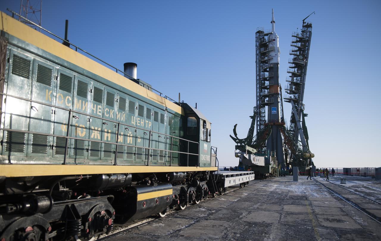 The Soyuz rocket is seen on the launch pad as the service structure is closed around it, Friday, Dec. 15, 2017 at the Baikonur Cosmodrome in Kazakhstan. Expedition 54 Soyuz Commander Anton Shkaplerov of Roscosmos, flight engineer Scott Tingle of NASA, and flight engineer Norishige Kanai of the Japan Aerospace Exploration Agency (JAXA) are scheduled to launch at 2:21 a.m. Eastern Time (1:21 p.m. Baikonur time) on Dec. 17 and will spend the next five months living and working aboard the International Space Station. Photo Credit: (NASA/Joel Kowsky)