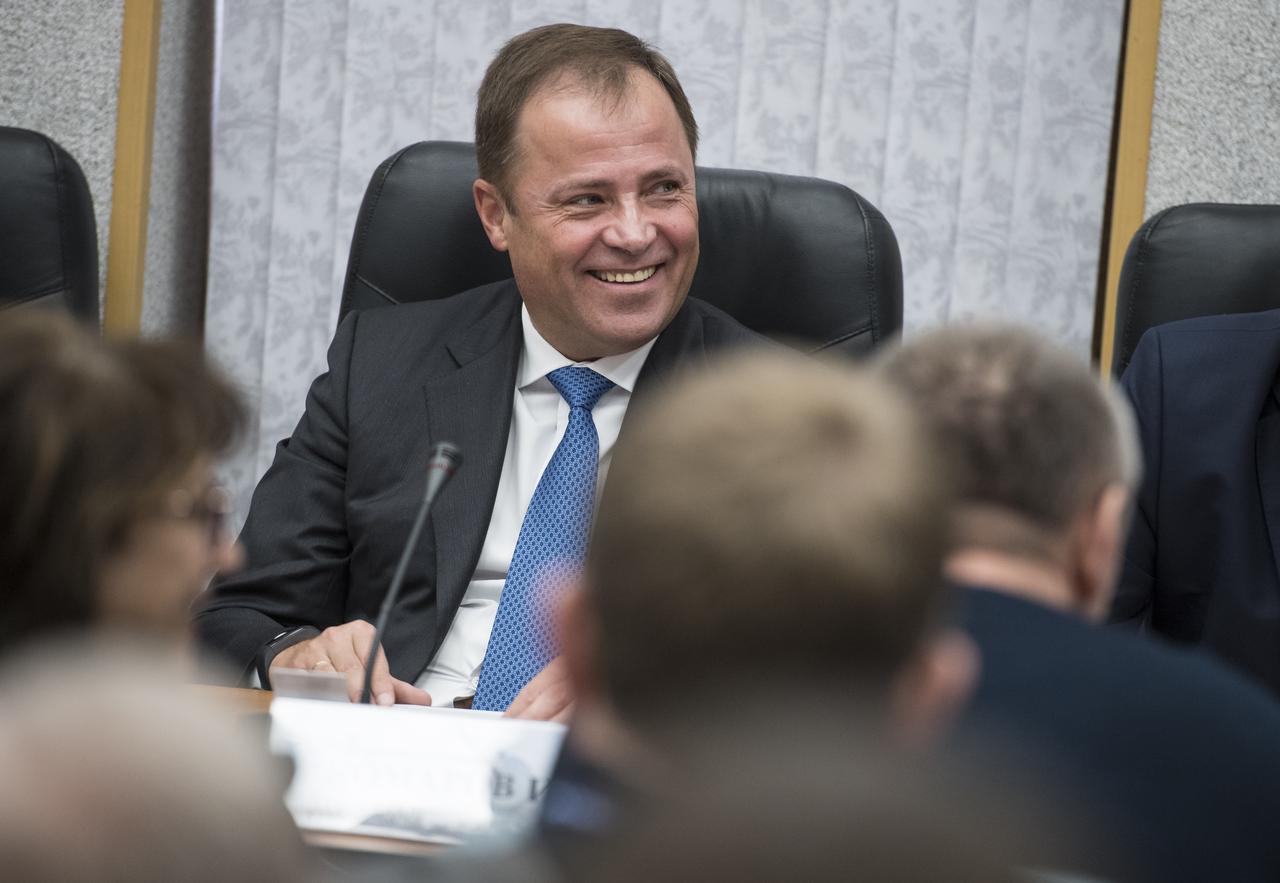 Igor Komarov, Director of Roscosmos, is seen during the State Commission meeting to approve the Soyuz launch of Expedition 54 to the International Space Station, Saturday, Dec. 16, 2017 at the Cosmonaut Hotel in Baikonur, Kazakhstan. Expedition 54 Soyuz Commander Anton Shkaplerov of Roscosmos, flight engineer Scott Tingle of NASA, and flight engineer Norishige Kanai of the Japan Aerospace Exploration Agency (JAXA) are scheduled to launch to the International Space Station aboard the Soyuz spacecraft from the Baikonur Cosmodrome on December 17. Photo Credit: (NASA/Joel Kowsky)